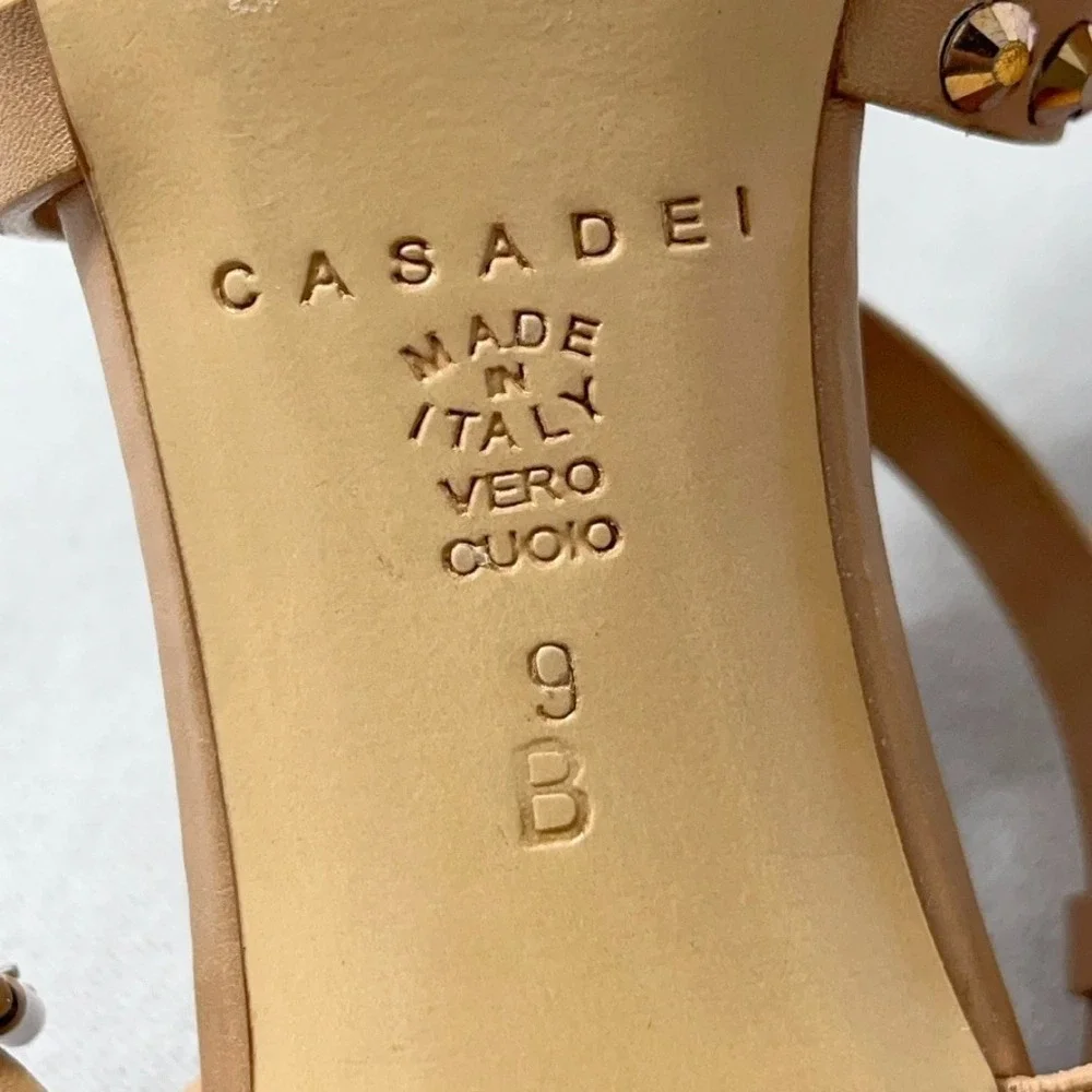 Casadei Heels 9 B Tan Strappy Sandals Stud Crystals Never Worn
